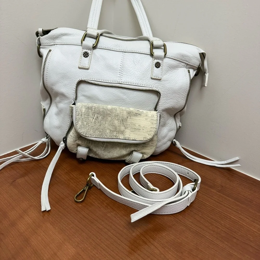 JOELLE HAWKENS WHITE SNAKE  LEATHER SHOULDER BAG - 34 INCH  CROSSBODY STRAP